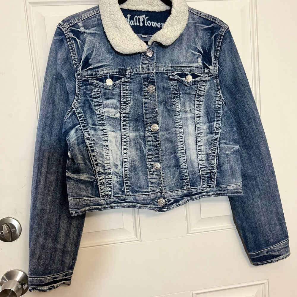 Wallflower Kids Denim Jacket with White Sherpa Collar